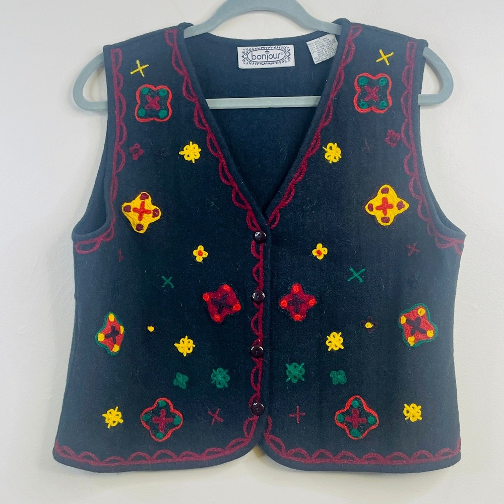 Bonjour Vintage Indie Boho Vest Womens Large Embroidered Wool Blend Festival